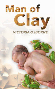 Cover of Man of Clay showing a sleeping baby surrounded by green and gold frogs