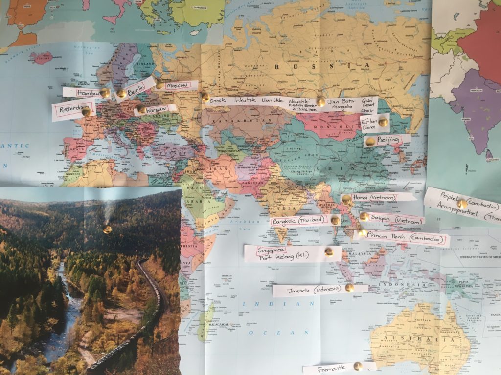 Map of half a world showing possible route from UK to Oz