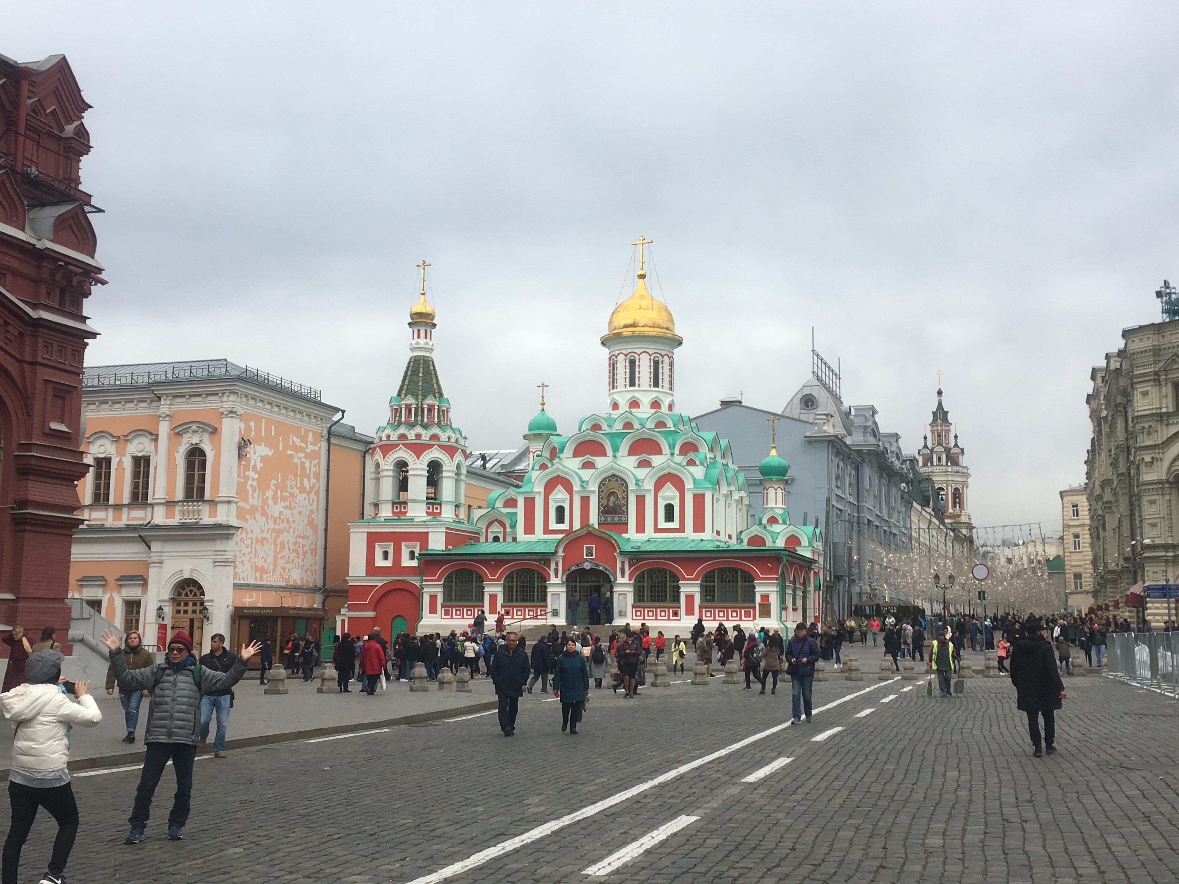 Kazan Cathedral next to sparkly decorations for GUM department store