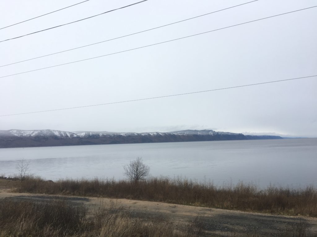 Snow-capped hills by Lake Baikal