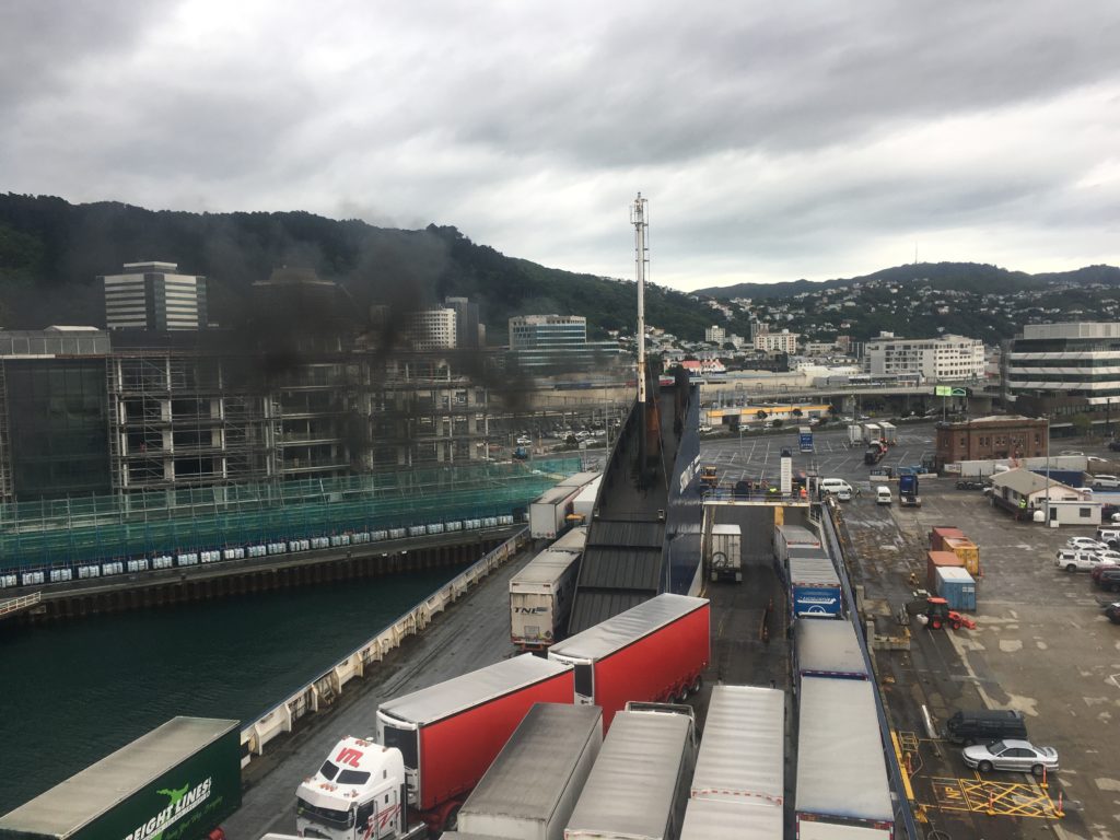 Burst of black emissions from the stacks of the Wellington ferry