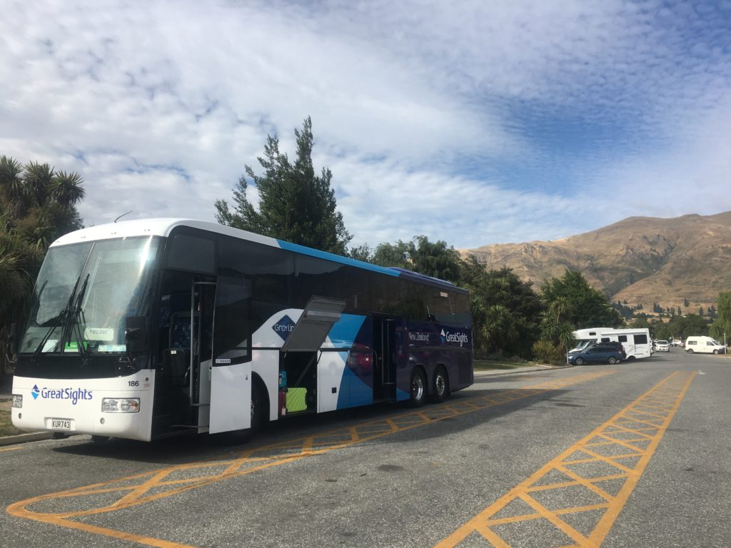 Great Sights bus at Ely Point Recreational reserve near Wanaka