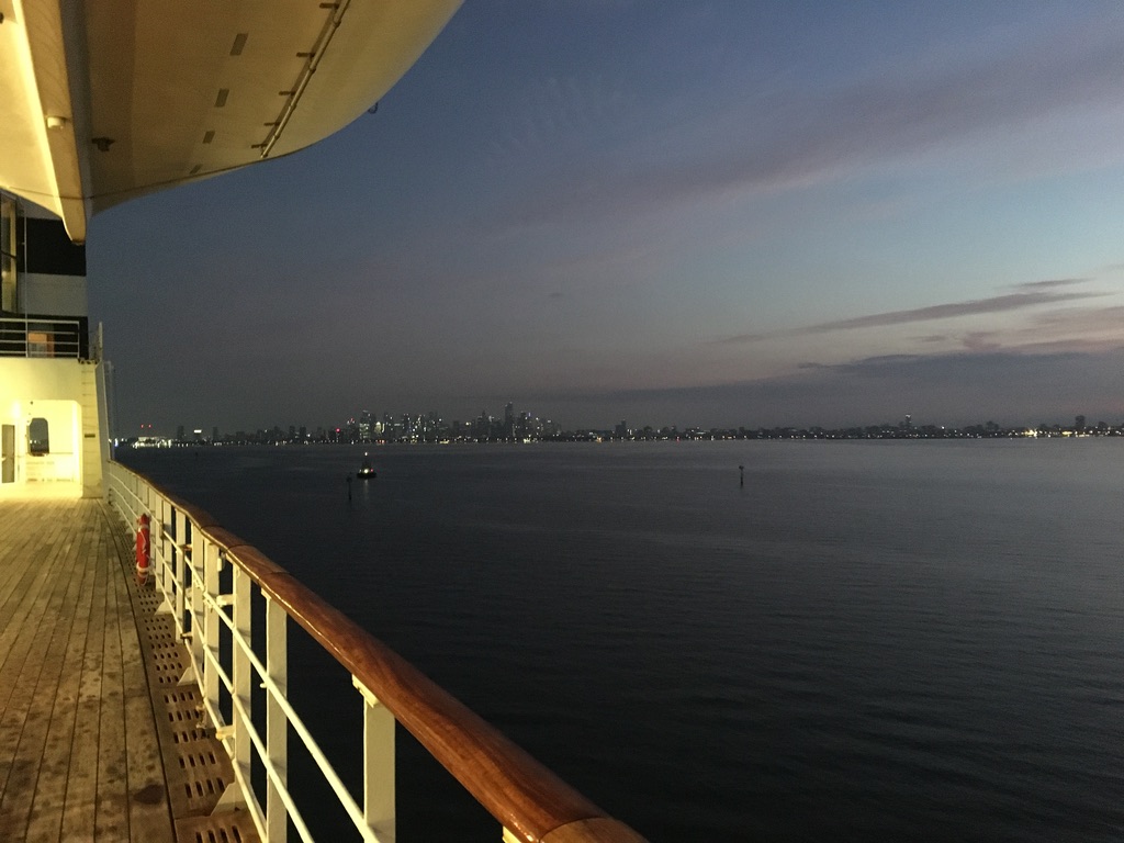 Dawn over the Port of Melbourne from QM2
