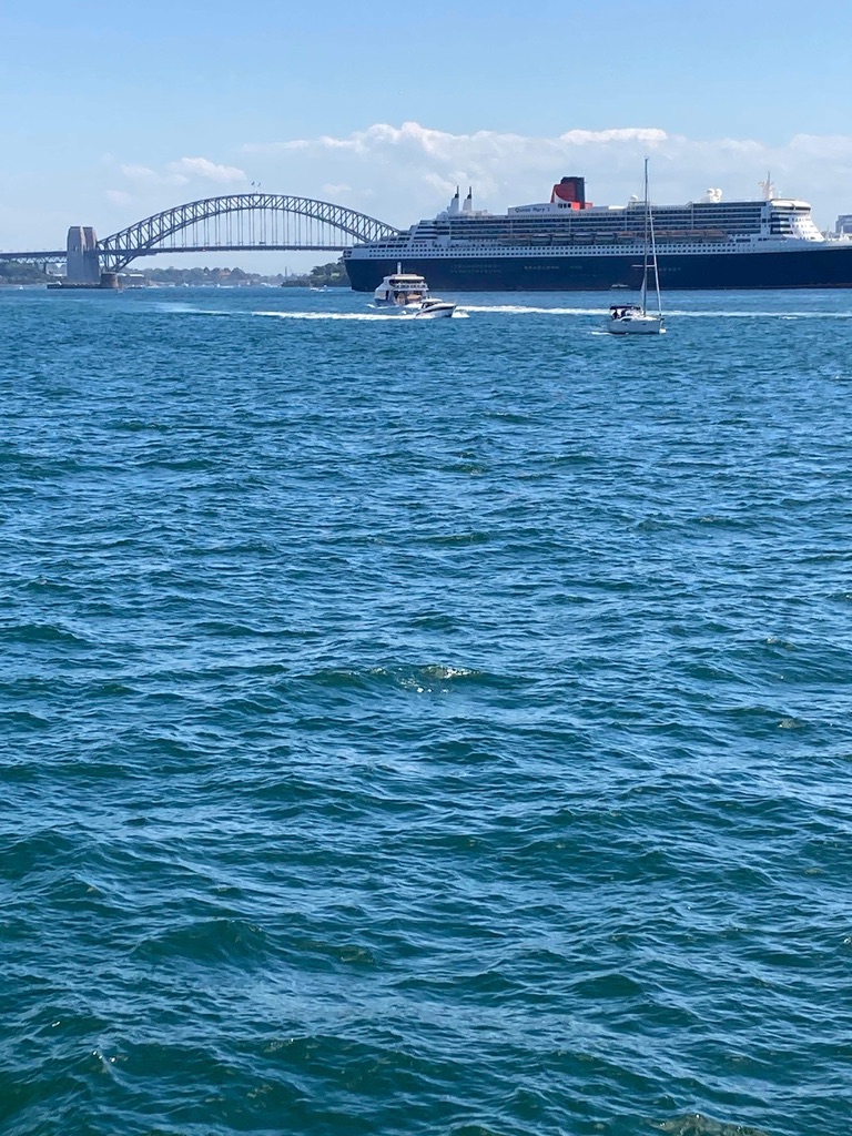 QM2 in Sydney harbour waiting to dock at the Ocean terminal