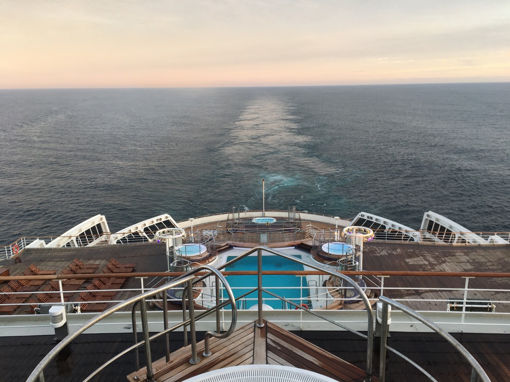 Straight wake from above, single spa on deck 6, two spas and pool on deck 8