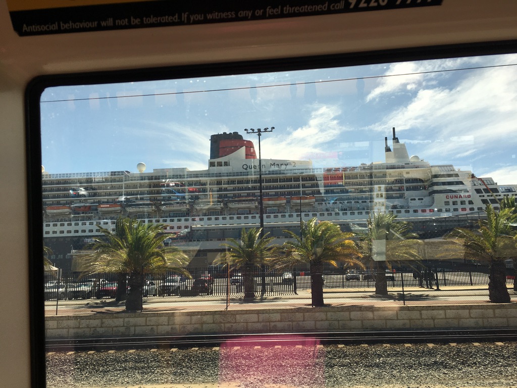 Queen Mary 2 from the Fremantle train