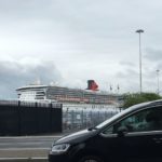 Engines turned off and smoke clear chimney on QM2 docked at Southhampton April 2023